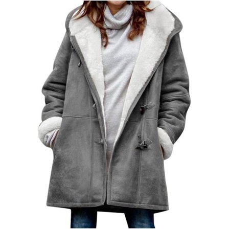 Damejakker Vinterudsalg Plus Size Dame Fleeceforet Jakke Hættetrøjer Lommer Uld Casual Hættejakker Hornknap Casual Varm Jakke Trench 3XL