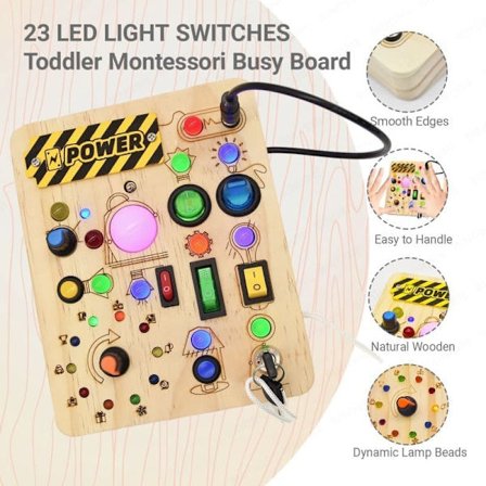 Montessori Busy Board med LED-lys – Sensorisk Aktivitetslegetøj til Småbørn 18+ måneder