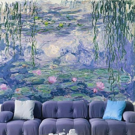 Seinätekstiili makuuhuoneeseen, Monet-seinätekstiili, vesililjoja, kukat, seinävaate