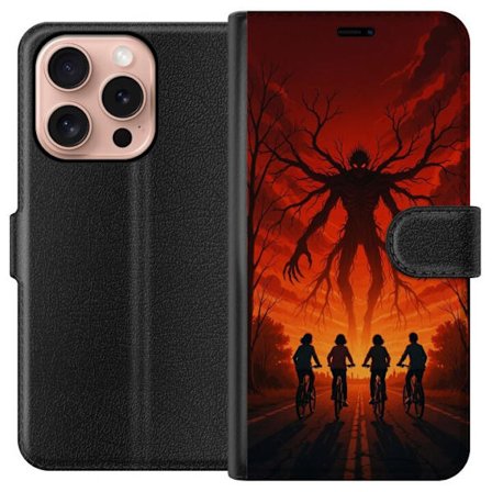 Kompatibelt Lommeboketui til Apple Apple iPhone 16 Pro Mørk Stranger Things-inspirert skrekkillustrasjon med rød himmel, monsterfigur og syklende ba