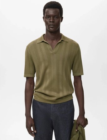 Mango Ribbed Knit Polo Shirt - Khaki green - L