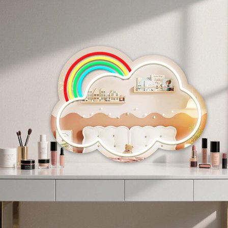 Regnbue Sky Spejl med Lys Neonskilte til Omklædningsrum Stue Pigeværelse, Sødt Spejl med Dæmpbar til Pigegaver, Regnbue Vægspejl