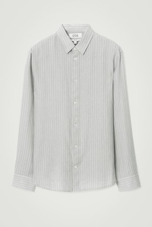 COS Men's Relaxed Striped Linen Long Sleeve Shirt in Grey