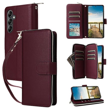 Til Samsung Galaxy A17 5G Etui 9 Kortpladser Lynlåslomme PU Læder Telefon Cover med Håndledsrem Vinrød