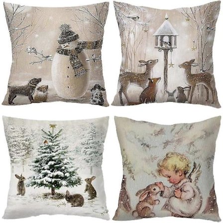 Dekorativt Kuddfodral Jul - 45 x 45 cm Djur Snögubbe Kanin Rådjur Silver Jul Kuddfodral - Set med 4 Fyrkantiga Örngott, Gåva till Soffa