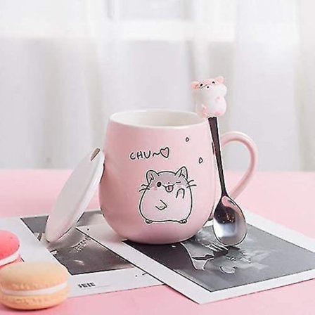 400ml Keramik Sød Hamster Kopsæt med Låg og Ske Pink Gave