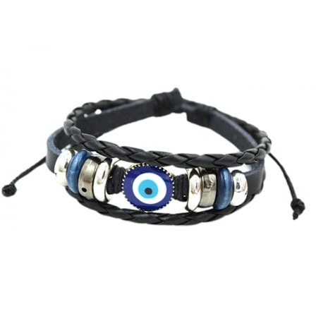 Flätat läderarmband med ont öga, armband med armband, armband med flera lager