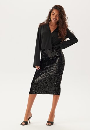Happy Holly - Sequin Trumpet Sleeve Midi Dress - Black - Kläder - - Bubbleroom