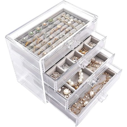Smykkeskrin i akryl med 4 skuffer, smykkeorganisator i fløjl til øreringe, halskæde, ring og armbånd, klar smykkeopbevaringsæske til kvinder, grå