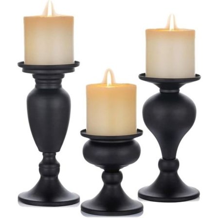 Sett med 3 svarte metallkandelabre lysestaker for søylelys