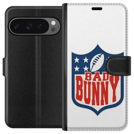 Kompatibelt Lommeboketui til Google Pixel 9 Pro XL Bad Bunny rød grafisk plakat med portrett og typografi i latinamerikansk popdesign