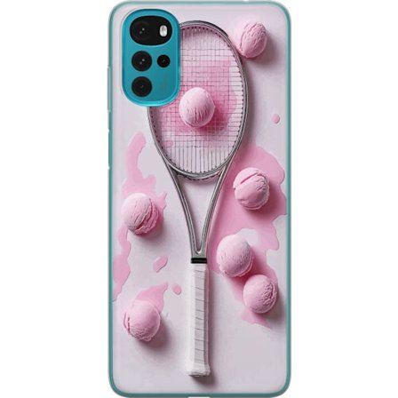 Kompatibel Mobilcover til Motorola Motorola Moto G22 Rosa glaskugler og tennisketsjer i et kreativt stillbillede med legende popfølelse og moderne de