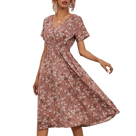 Chiffongklänning Sommar Retro Röd Gul Tryck Blommor Normal F
