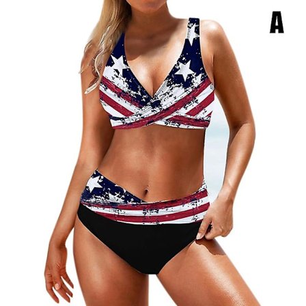 Dame Todelt Badedragt Høj Talje Regnbuestribet Farverig Bikini Badedragtsæt