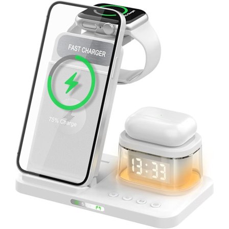 iPhone Trådløs Lader 5 i 1 LED, Apple Ladestasjon for Reise og Hjemmebruk, Multifunksjonell Ladestativ Hvit 5 i 1