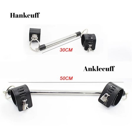 BDSM Bondage Justerbare Håndjern og Ankelmansjetter Rustfritt Stål Spreder Åpne Ben Pu Lær Mansjetter for Par Sex Spill