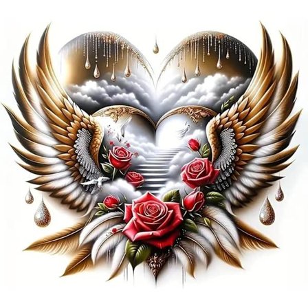 Hjerte & Englevings Diamantkunst - DIY Krystallsett for Voksne, 35x35 cm