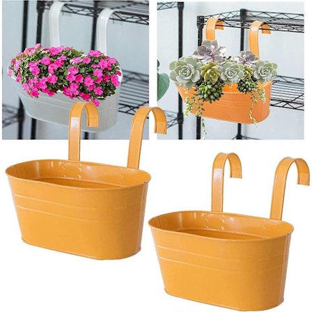 2-pack Metall Järn Hängande Blomkrukor, Balkongräcke Hängande Växtkruka med Avtagbar Krok, Metallstaket Hink Planteringskärl Hängande Däck Blomlåda