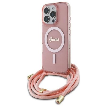 Guess Crossbody Cord Script MagSafe-etui for iPhone 16 Pro Max - Rosa
