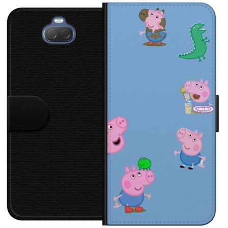 Yhteensopiva Lompakkokotelo Sony Xperia 10 Peppa Pig kasvomalli vaaleansinisellä pohjalla, toistuva leikkisä lasten motiivi Greeta Possulla