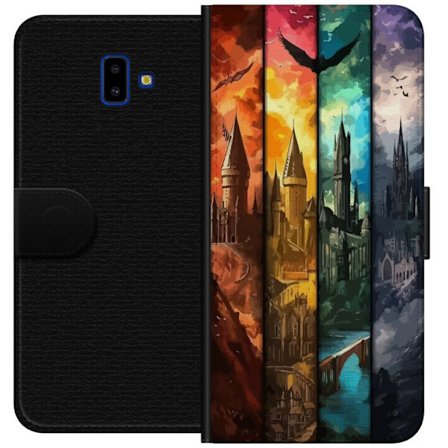 Kompatibel Tegnebogsetui til Samsung Samsung Galaxy J6+ Fire magiske slotte i forskellige elementfarver, episk fantasykunst med ild vand luft og mørk
