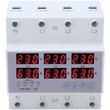 3-fas DIN-skena voltmeter ammeter automatiskt överspännings- och överströmsskydd AC 390-500V (63A)