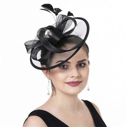 Fascinerende hat til kvinder med hårklemme, fjer, sløjfer og slør, mode hårsmykke til bryllupsfest, speciel begivenhed - Sort
