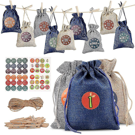 24 Adventskalendere å fylle, julegaveposer, stoffposer med 1-24 advent