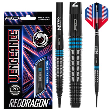 Red Dragon Darts Vengeance Blue Soft Tip Darts, 18g - 7.35mm x 45.7mm, 90% Tungsten, Professional Steel Tip Darts, Nitro Tech, Flights, Shafts, Grip