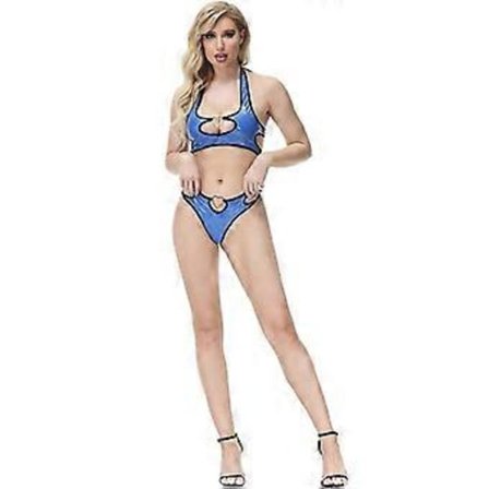 Dam Bandage Konstläder Klänning Kors 2 Delar Snörning Crop Top Och Bodycon Set Outfits (L blå)