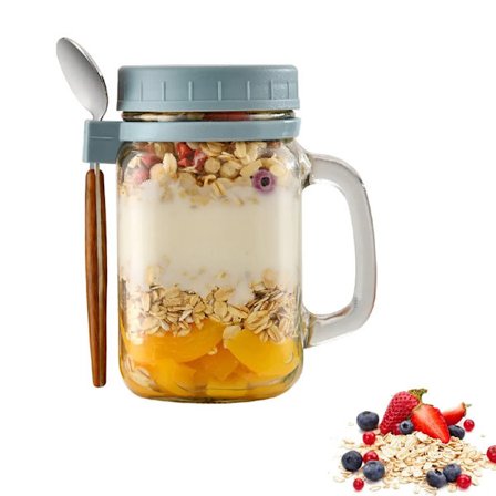 Yoghurtkopp overnatningsgrøtkopp, 450ML overnatningsgrøtbeholder, masonkrukke med lokk, med skje, glassgrøtkopp, grå