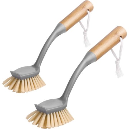 Säteittäinen astianpesuharja pitkällä bambukahvalla, sisäänrakennettu kaavin, hankaus harja pannuille, kattiloille, keittiön tiskialtaan puhdistukseen