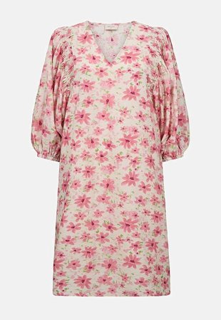 Freequent - Blommig, vävd klänning med fickor och smockdetalj - beige / rosa / mönstrad - för damer - M (40) - Cellbes