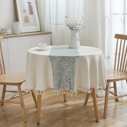 Rund bordsduk i bomull och linne, jacquard, för soffbord