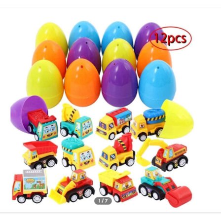 Påskägg Fyllt med 12st Dragbilar för Påskäggjakt, Korg