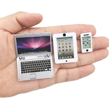 3 stk. dukkehus mini bærbar computer, tablet og smartphone scene computer simulation tilbehør til dukke 1/6 1/12 miniature sølv