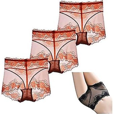 3 stk. gennemsigtige mesh trusser med maveindtræk og hofteløft, dameundertøj, sexede blonde trusser med høj talje (XL Orange)