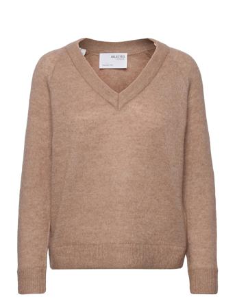 Slflulu Ls Knit V-Neck Brown Selected Femme
