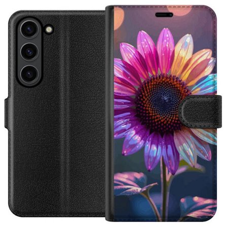 Kompatibelt Lommeboketui til Samsung Galaxy S24 Irideserende blomst med glitrende kronblad i rosa lilla og gull mot myk bokeh bakgrunn