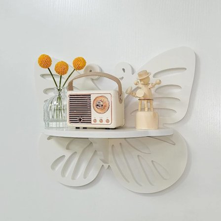 Sommerfuglformet veggdekorasjon for barnerom, flytende hylle, søt veggdisplayhylle for barnerom, veggmontert liten dekorativ hylle, hvit hengende