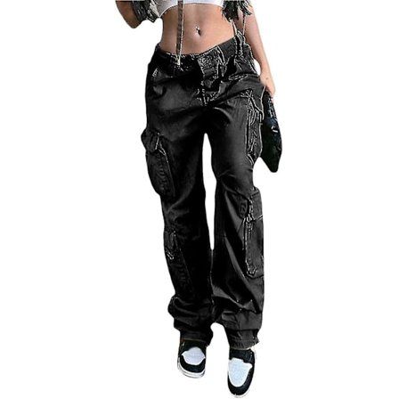 Dame Baggy Hip Hop Cargo Bukser Med Lomme Y2k Lav Talje Snøre Løse Joggingbukser Cargo Bukser Casual Sweatpants Streetwear