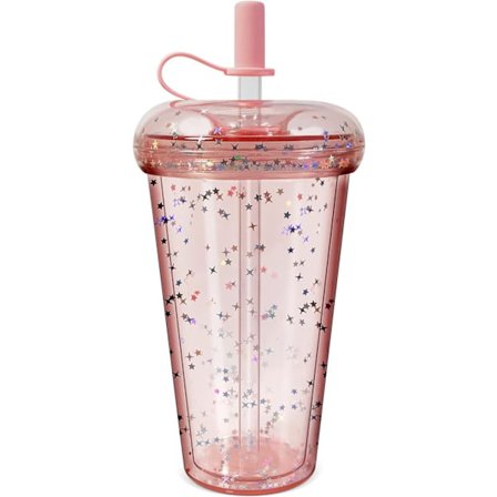 Återanvändbar Donut-sugrörskopp med lock - 18oz dubbelväggig plasttumbler Resa Iskall kaffemugg Klar Smoothie Milkshake-flaska