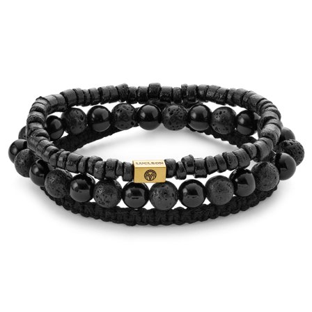 Ensemble de bracelets en pierre de lave, onyx, noix de coco et acier doré pour hommes - Bracelets de perles
