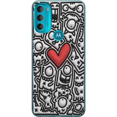 Yhteensopiva Puhelinkuori Motorola Motorola Moto G71 5G Abstrakti mustavalkoinen doodle-kuvio, jossa on hahmoja ja punainen sydän, taiteellinen graaf