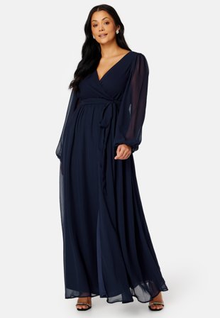 Goddiva Curve Long Sleeve Chiffon Maxi Curve Dress Navy Klær