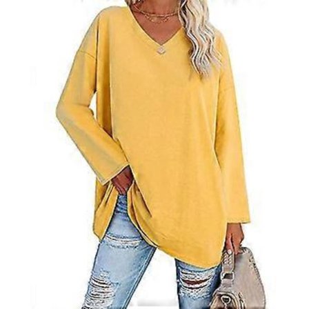 Naisten pusero pitkähihainen paita yksivärinen pusero V-kaula-aukko löysä helma rento malli keltainen M