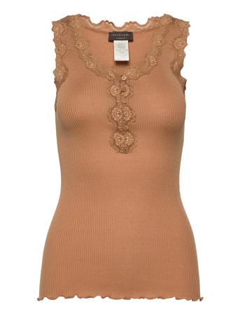 Silk Top W/Button & Lace Top Ærmeløs Top Beige Rosemunde