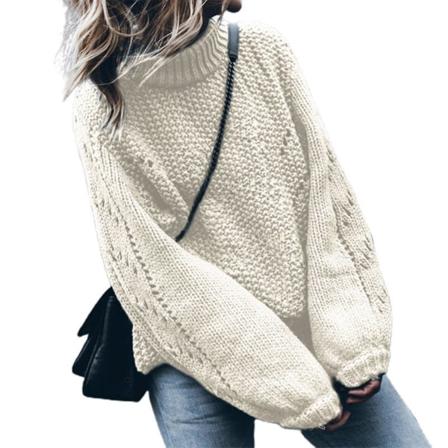 Damtröja med långa lyktärmar med turtleneck-tröjor Lös kabelstickad skjorta för daglig höst och vinter Beige 2XL
