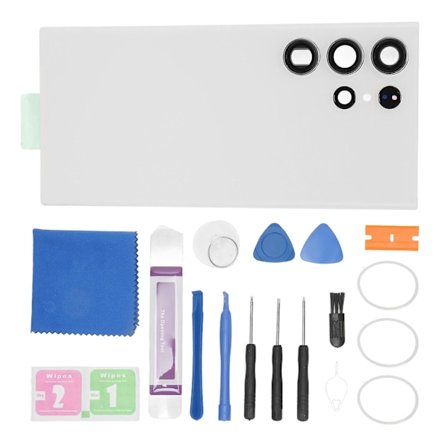 Valkoinen vara-takalasi, jossa esiasennettu kameralinssi ja korjaustyökalusarja Samsung Galaxy S23 Ultralle