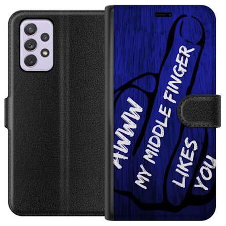 Kompatibelt Lommeboketui til Samsung Galaxy A52s 5G Mørk typografisk illustrasjon med hjerteform og budskap om vennskap mot dyp blå tretekstur